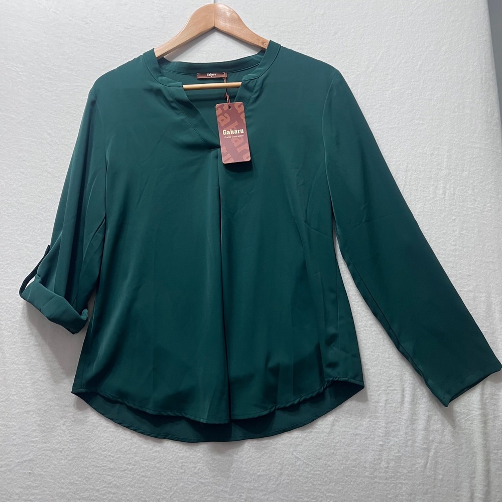 Gaharu Womens Green‎ Roll Tab Long Sleeve V Neck Blouse Business Casual Top Sz M